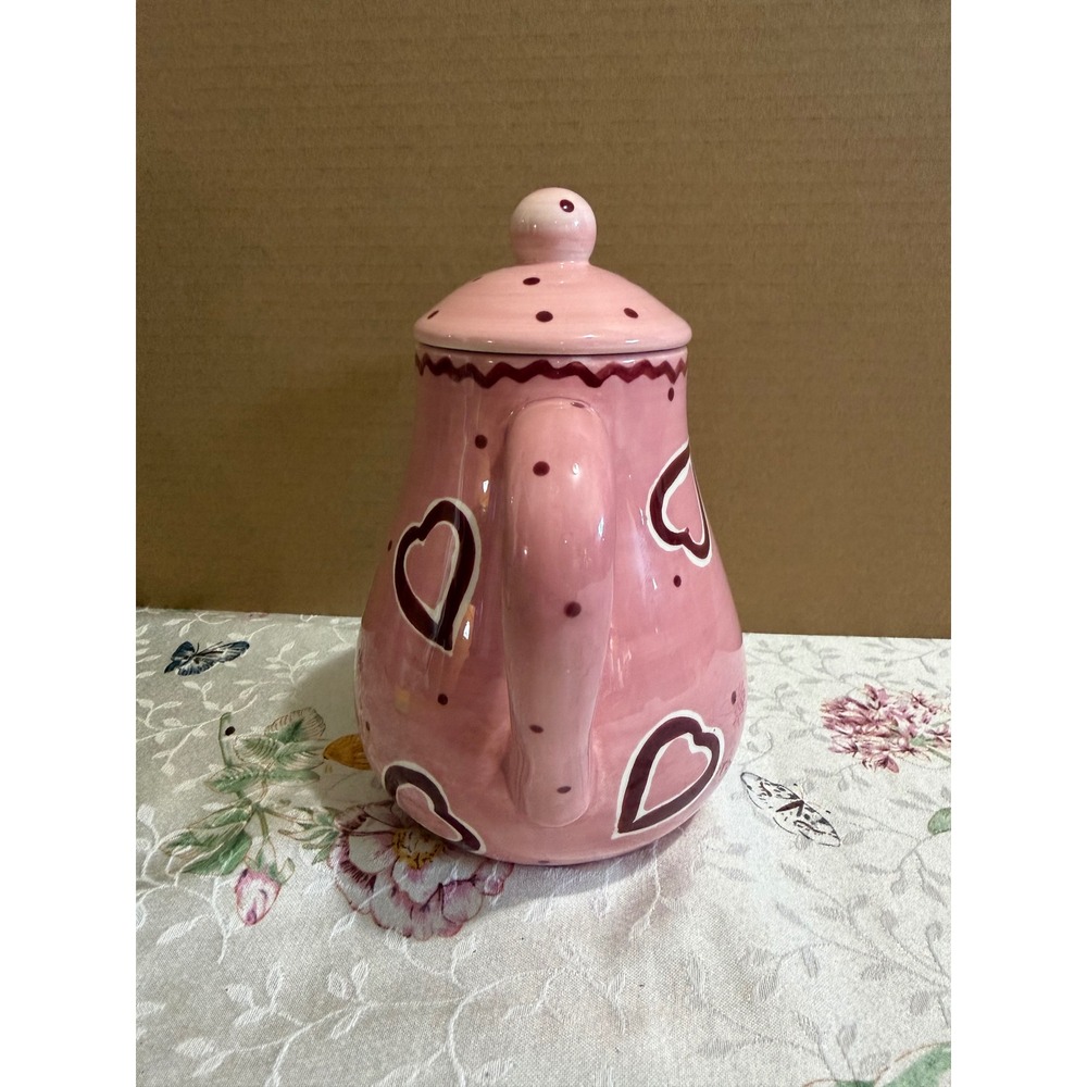 Laurie Gates Pink Heart Polka Dot Ceramic Teapot with Lid Hand Painted - Picture 7 of 7